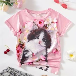 Girls Casual Cute Cartoon Cat Flower Graphic Short Sleeve T-shirt For Summer
